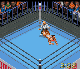 Super Fire Pro Wrestling X Premium (SNES) screenshot: Already bleeding and suffering a cross kneelock, he's bound to tap out sooner or later