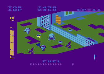 Super Zaxxon (Atari 8-bit) screenshot: Don't crash into the electric wall.