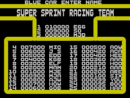 Super Sprint (ZX Spectrum) screenshot: High scores table