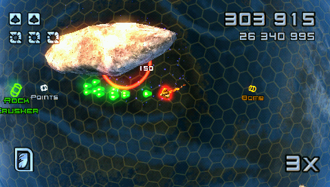 Super Stardust Portable (PSP) screenshot: Basic start with rocks hacking