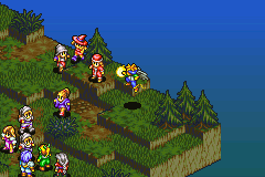Tactics Ogre: The Knight of Lodis (Game Boy Advance) screenshot: My Hawkman attacking an enemy Cleric with a Thunder Arrow