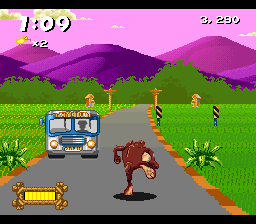Taz-Mania (SNES) screenshot: Watch out for buses