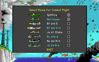 Their Finest Hour: The Battle of Britain (Amiga) screenshot: You can fly eight different planes.