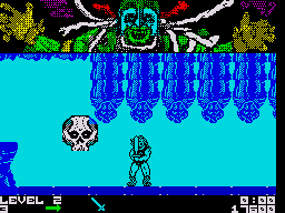 Thundercats (ZX Spectrum) screenshot: The giant skull chases after you and must be killed quickly