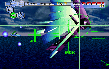 Thunder Force V: Perfect System (SEGA Saturn) screenshot: First boss doesn't put up much of a struggle, especially if you use the Free Range weapon.