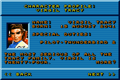 Thunderbirds: International Rescue (Game Boy Advance) screenshot: Character profile