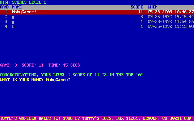 Tommy's Gorilla Balls (DOS) screenshot: High score table. There is no high score table for the best balls.