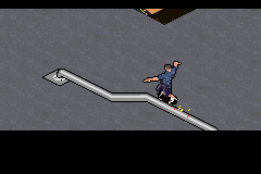 Tony Hawk's American Sk8land (Game Boy Advance) screenshot: Tony will perform each maneuver before you: now, he is exemplifying a 50-50 Grind.
