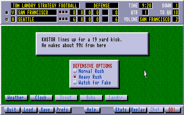 Tom Landry Strategy Football Deluxe Edition (DOS) screenshot: Setting the defense for the goal kick.