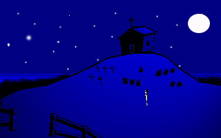The Trials of Odysseus Kent (DOS) screenshot: One of the graves says "Here lies the Rob Blanc Series"...