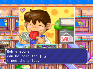 Board Game: Top Shop (PlayStation) screenshot: Rob got a good one if you're strapped for cash. 1.5 times the money when selling a store.