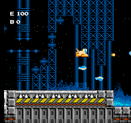 Air Fortress (NES) screenshot: Narrowly avoiding two blue enemies in the lightship