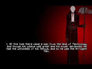 Trilby's Notes (Windows) screenshot: The ending credits begin by the tale of the Tall Man with artwork background