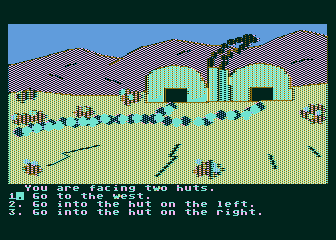 Troll's Tale (Atari 8-bit) screenshot: Some huts; want to investigate closer?