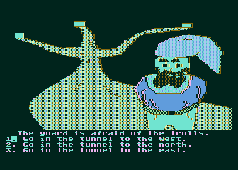 Troll's Tale (Atari 8-bit) screenshot: A guard is here; which way do you want to go?