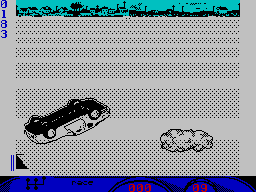 Turbo Cup (ZX Spectrum) screenshot: The car upside down is a Porsche