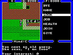 Ultima IV: Quest of the Avatar (SEGA Master System) screenshot: You don't have to type your answers: the common conversation topics are already available as a menu