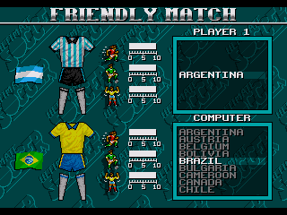Ultimate Soccer (Genesis) screenshot: The best South American teams face-off for an indoor match.