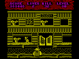Shoot-Out (ZX Spectrum) screenshot: Level 8, 2nd part:<br> One hat down. Why such violence?