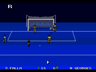 Ultimate Soccer (Genesis) screenshot: The ball went smoothly to the forward, who had no problems to score.