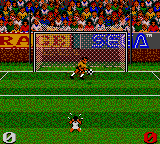Ultimate Soccer (Game Gear) screenshot: The DPRK goalie catches the ball