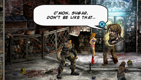 Unbound Saga (PSP) screenshot: Dialogues are visible in speech bubbles.