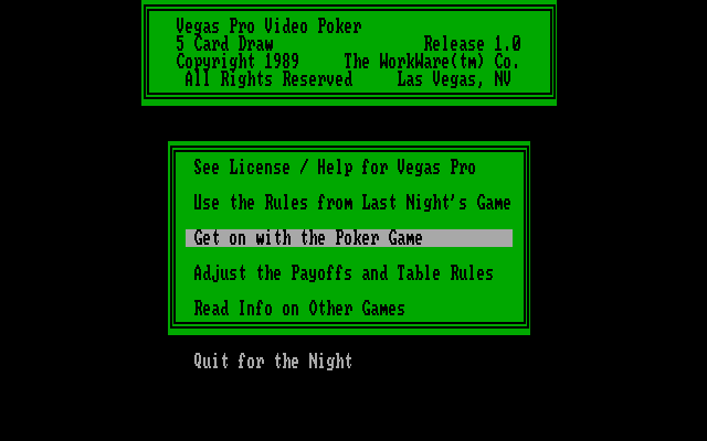 Vegas Pro Video Poker (DOS) screenshot: Main menu.