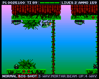 Venus the Flytrap (Amiga) screenshot: Much of the game takes place upside-down. Step on the double-arrows to reverse the gravity.