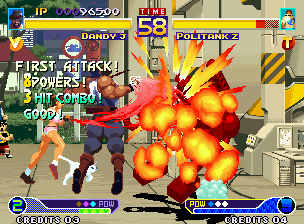 Waku Waku 7 (Neo Geo) screenshot: Dandy J begins his fight against Politank Z performing his ES Attack Kyou Ijin Karada Hatsu Hi Ken.