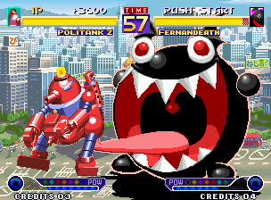 Waku Waku 7 (Neo Geo) screenshot: Politank Z's offensive maneuver is suddenly grab-stopped by Makaitaitei Fernandeath's tongue move...