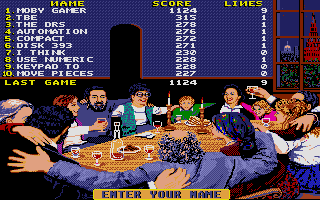 Welltris (Atari ST) screenshot: High score table. If this is anything like his other titles, what we see here is the development team at dinner celebrating their game release.