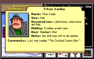 Where in the U.S.A. Is Carmen Sandiego? (Amiga) screenshot: Titus Canby's file.
