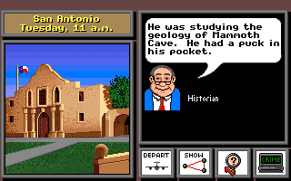Where in the U.S.A. Is Carmen Sandiego? (Amiga) screenshot: You can also get clues about the suspect by talking to people. I now know that the suspect likes hockey.