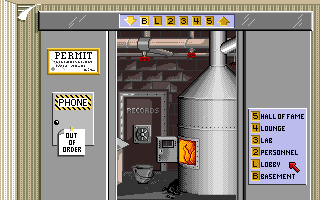 Where in Time Is Carmen Sandiego? (Amiga) screenshot: Down in the basement of the Acme building.