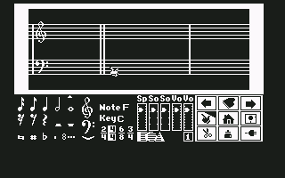 Will Harvey's Music Construction Set (Commodore 64) screenshot: A blank score, awaiting it's first taste of art.