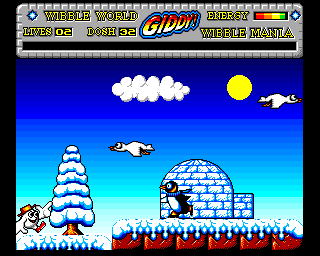 Wibble World Giddy: Wibble Mania! (Amiga) screenshot: Skating penguin