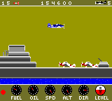 Wings of Fury (Game Boy Color) screenshot: Flying over a Japanese warship; the red light (bottom left) means a Japanese plane is coming after me