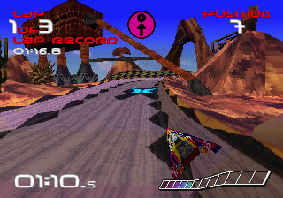 WipEout (SEGA Saturn) screenshot: The track scenery is pretty impressive for a 1995 game.