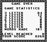 Wordtris (Game Boy) screenshot: Less than stellar statistics