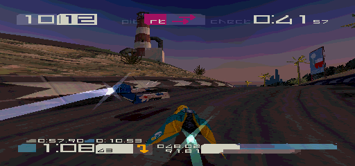 WipEout 3 (PlayStation) screenshot: Track one - Porto Kora features some picturesque moments such as this...