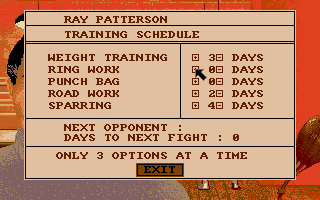 World Championship Boxing Manager (Atari ST) screenshot: Setting up a training regime