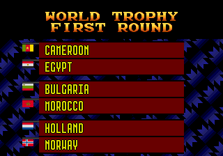 World Trophy Soccer (Genesis) screenshot: A few of the first-round draws