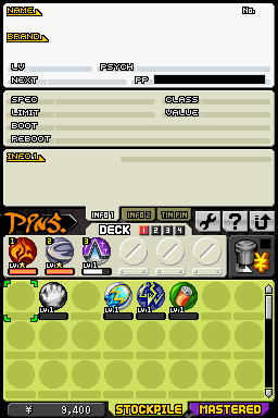 The World Ends with You (Nintendo DS) screenshot: The pin menu. View info on all your pins, and equip pins on Neku.