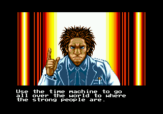 World Heroes (Genesis) screenshot: Unique and static introduction frame  the scientist is explaining your primary objective.