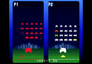 Space Invaders DX (Arcade) screenshot: Versus mode - Player 1 killed