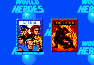 World Heroes (Genesis) screenshot: Game mode selection: NORMAL (against CPU) or DEATH MATCH (same as NORMAL, but with trapped arenas).