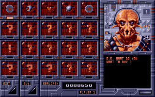 Xenon 2: Megablast (Amiga) screenshot: Shops are at the end of levels but often at the middle of them as well.