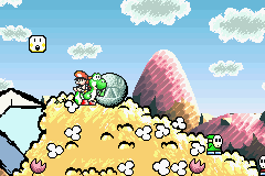 Yoshi's Island: Super Mario Advance 3 (Game Boy Advance) screenshot: Chomp rocks are often used to destroy long lines of enemies quickly.