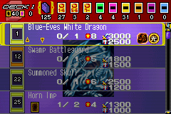 Yu-Gi-Oh!: World Championship Tournament 2004 (Game Boy Advance) screenshot: The deck editor is somewhat difficult to use, but allows you to set up three different decks