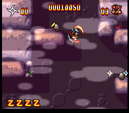 Zero the Kamikaze Squirrel (SNES) screenshot: Springing through the caverns with alpha-blended clouds